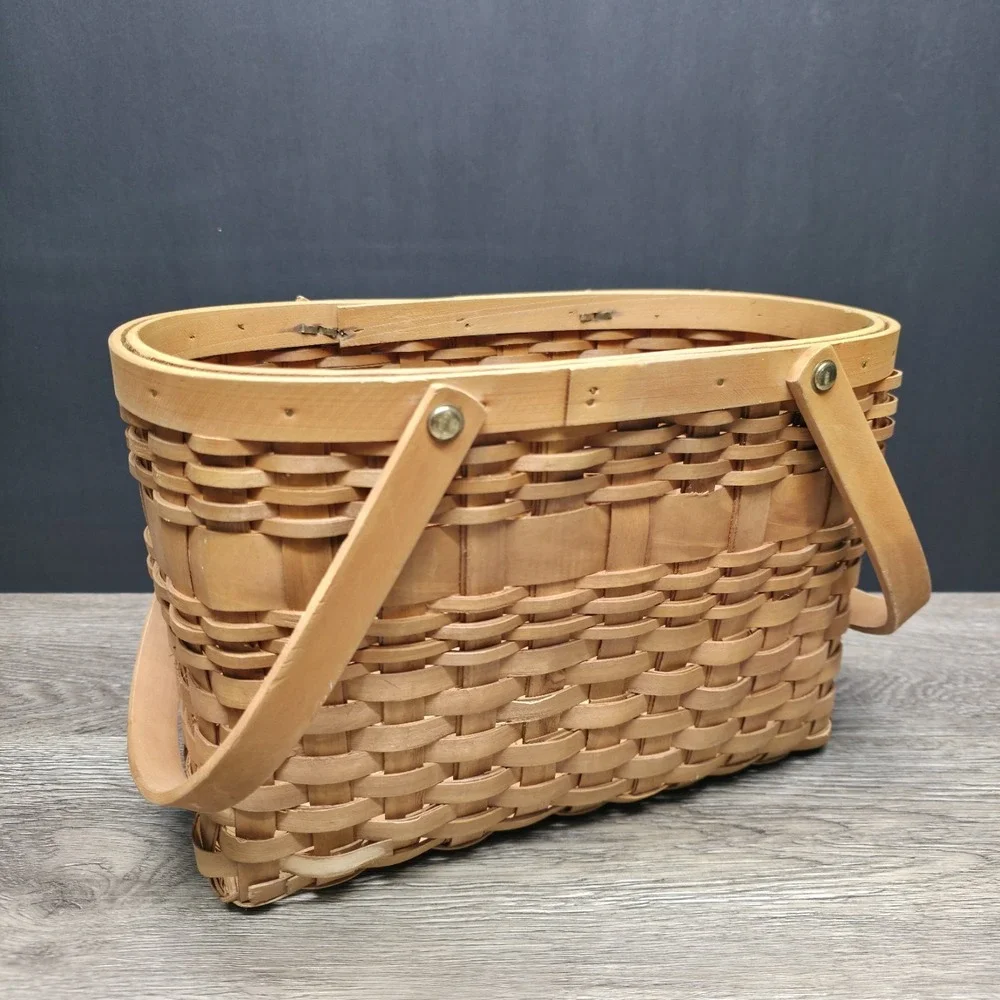 Vintage Double Handled Light Brown Wooden Basket 13x6x9 Rustic Home Decor